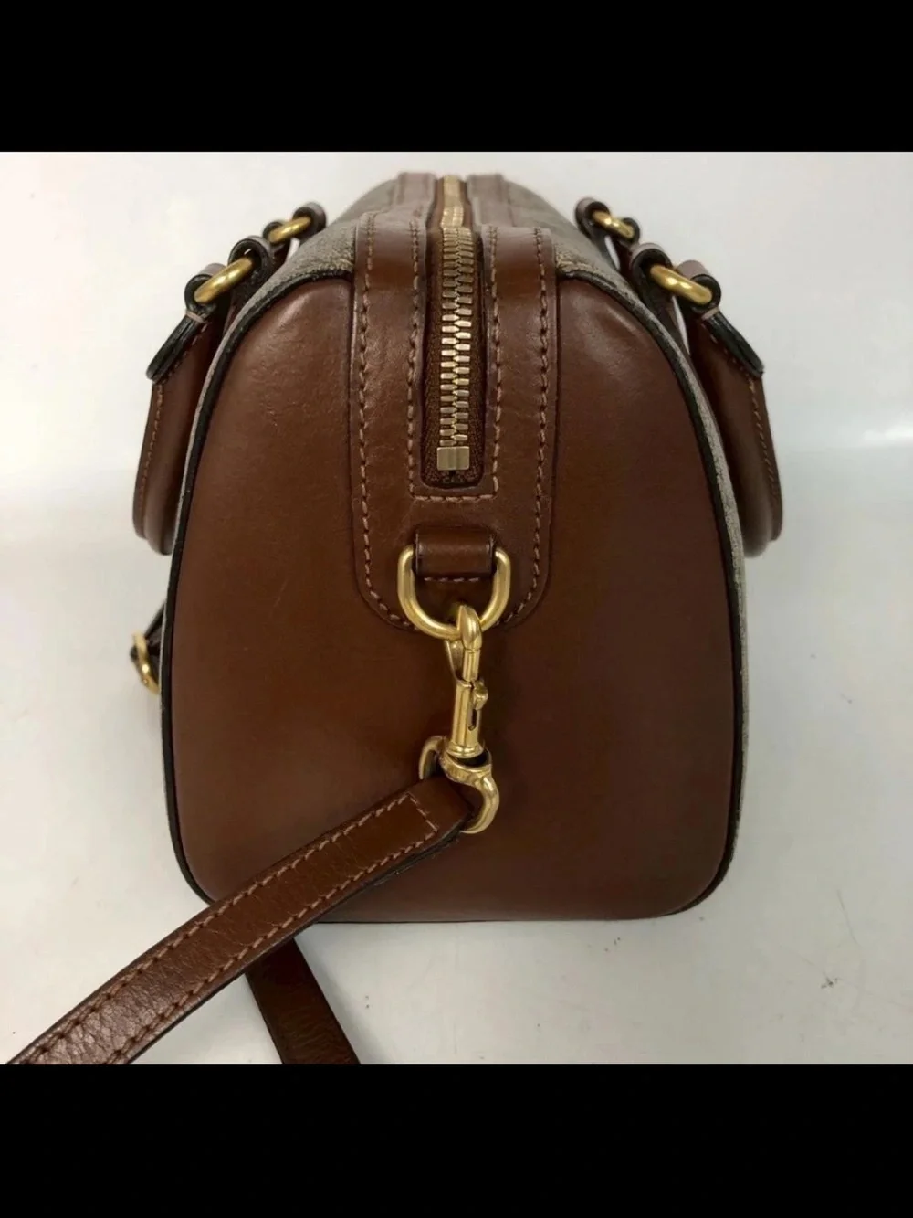 Gucci Beige GG Canvas Satchel with Brown Leather Trim
